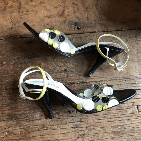 Via Spiga Green Black Polka Dot Ankle Strap Heels - Picture 2 of 7